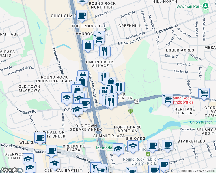 map of restaurants, bars, coffee shops, grocery stores, and more near 202 Laurel Drive in Round Rock