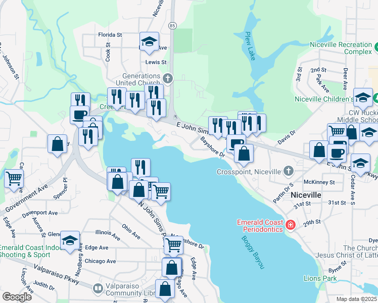 map of restaurants, bars, coffee shops, grocery stores, and more near 504 Regatta Circle in Niceville