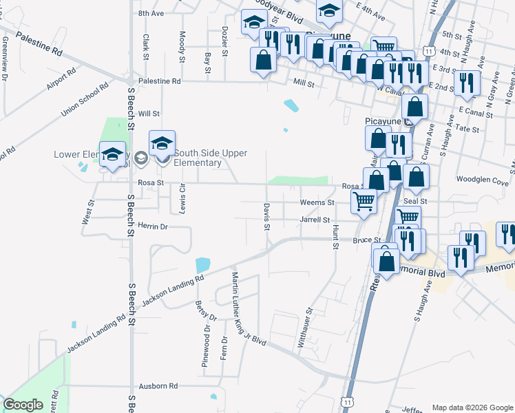 map of restaurants, bars, coffee shops, grocery stores, and more near 534-598 Davis Street in Picayune