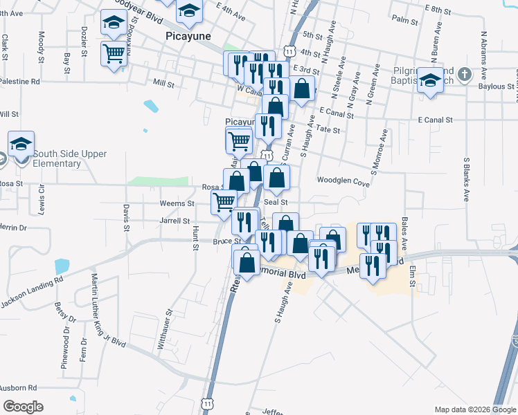 map of restaurants, bars, coffee shops, grocery stores, and more near 605 Highway 11 South in Picayune