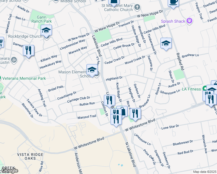 map of restaurants, bars, coffee shops, grocery stores, and more near 1505 Royce Lane in Cedar Park