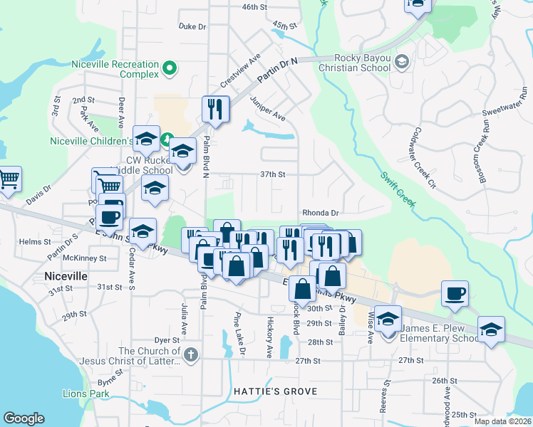 map of restaurants, bars, coffee shops, grocery stores, and more near 112 Alan A Dale Drive in Niceville