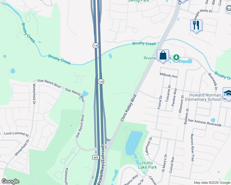 map of restaurants, bars, coffee shops, grocery stores, and more near 1500 Farm to Market 685 in Hutto