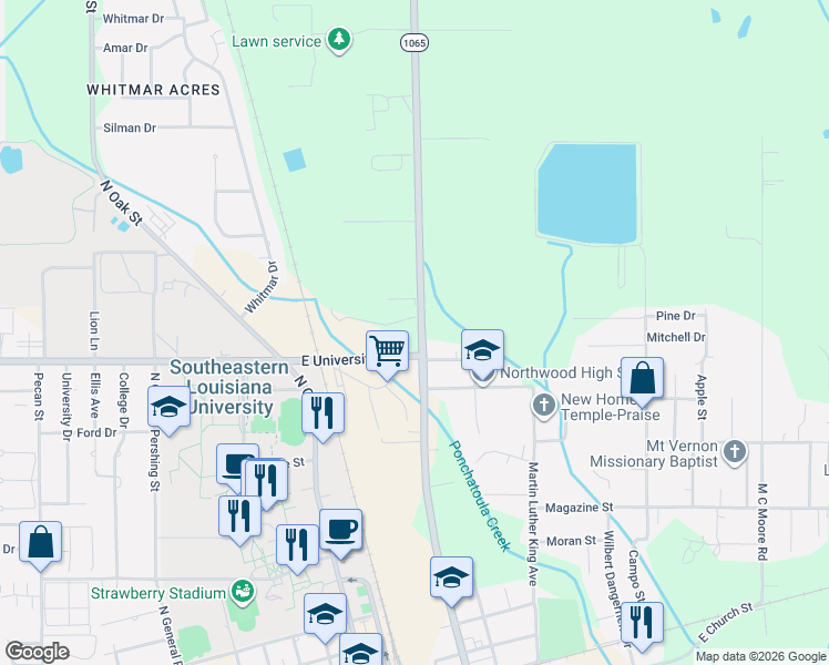 map of restaurants, bars, coffee shops, grocery stores, and more near 114 Clinton Court in Hammond