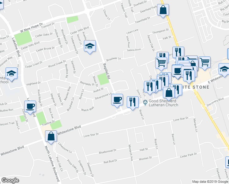 map of restaurants, bars, coffee shops, grocery stores, and more near Bagdad Rd & Silverstone Ln in Cedar Park