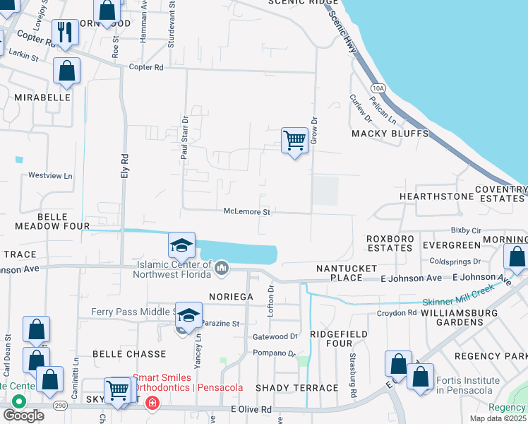 map of restaurants, bars, coffee shops, grocery stores, and more near 3334 McLemore Street in Pensacola