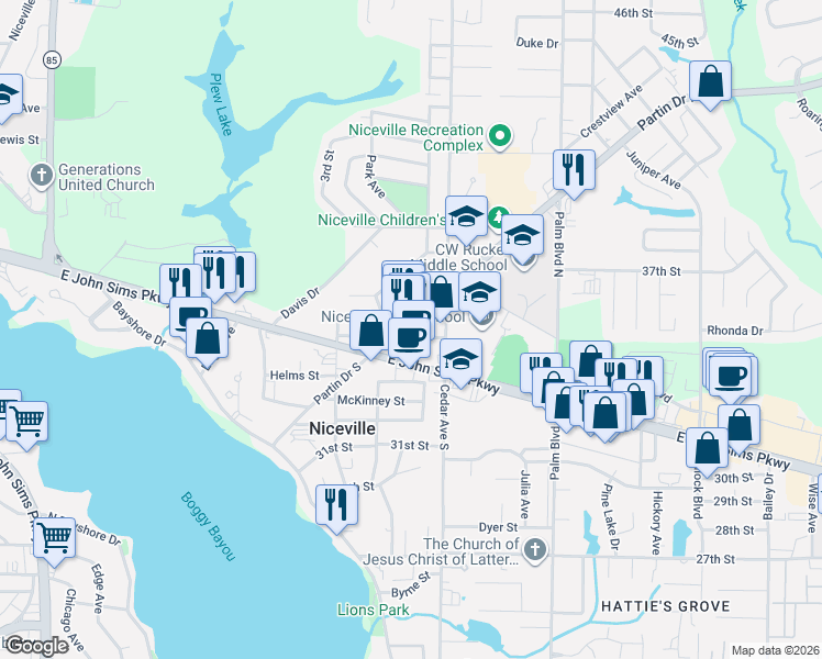 map of restaurants, bars, coffee shops, grocery stores, and more near 119 Partin Drive North in Niceville