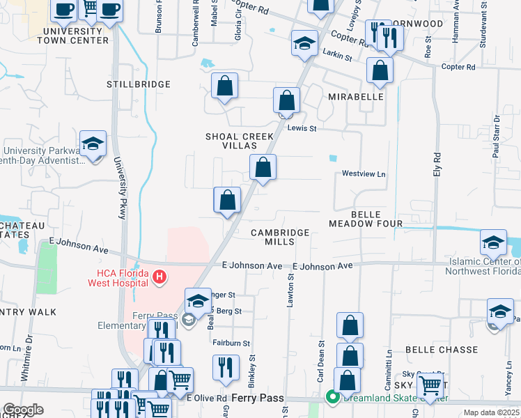 map of restaurants, bars, coffee shops, grocery stores, and more near 2310 Abbey Lane in Pensacola