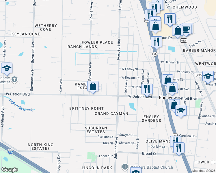 map of restaurants, bars, coffee shops, grocery stores, and more near 8453 James Taylor Lane in Pensacola
