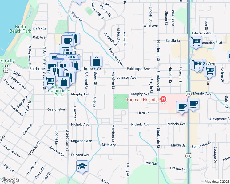 map of restaurants, bars, coffee shops, grocery stores, and more near 104 Mershon Street in Fairhope