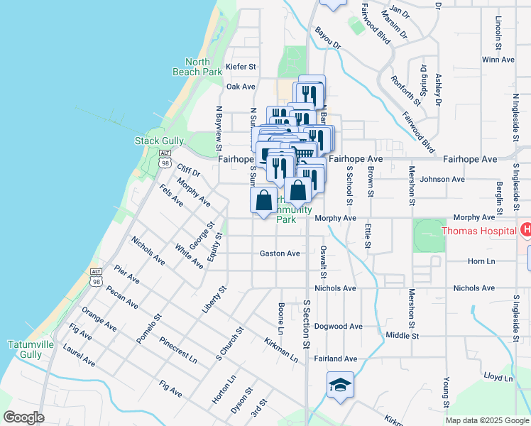 map of restaurants, bars, coffee shops, grocery stores, and more near 150 S Summit St in Fairhope
