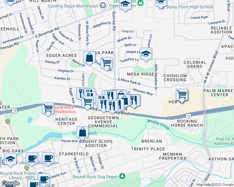 map of restaurants, bars, coffee shops, grocery stores, and more near 1200 Westcott Drive in Round Rock