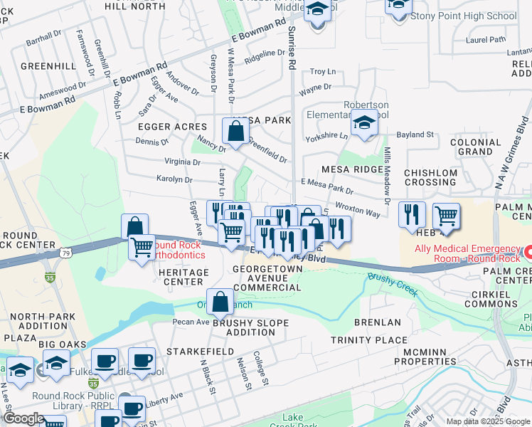 map of restaurants, bars, coffee shops, grocery stores, and more near 1300 Sunrise Road in Round Rock