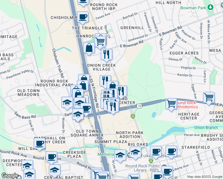 map of restaurants, bars, coffee shops, grocery stores, and more near 202 Laurel Drive in Round Rock