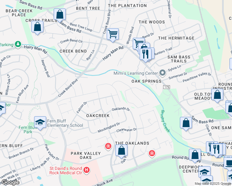 map of restaurants, bars, coffee shops, grocery stores, and more near 2200 Falcon Drive in Round Rock