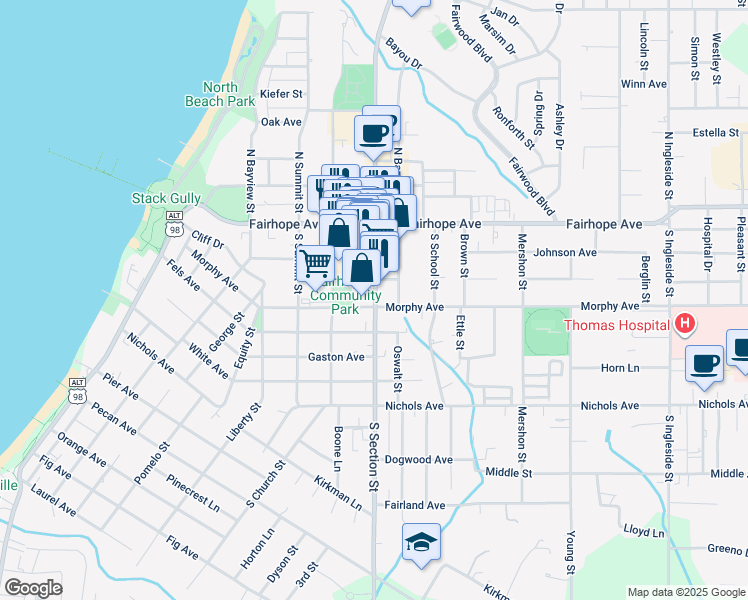 map of restaurants, bars, coffee shops, grocery stores, and more near 104 South Section Street in Fairhope