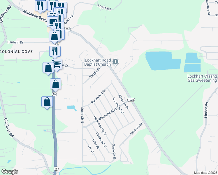 map of restaurants, bars, coffee shops, grocery stores, and more near 8380 Rosewood Street in Denham Springs
