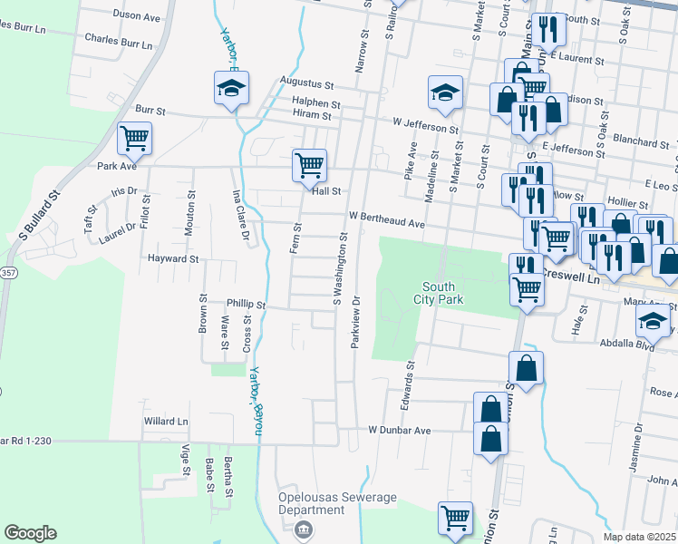 map of restaurants, bars, coffee shops, grocery stores, and more near 1394 South Washington Street in Opelousas