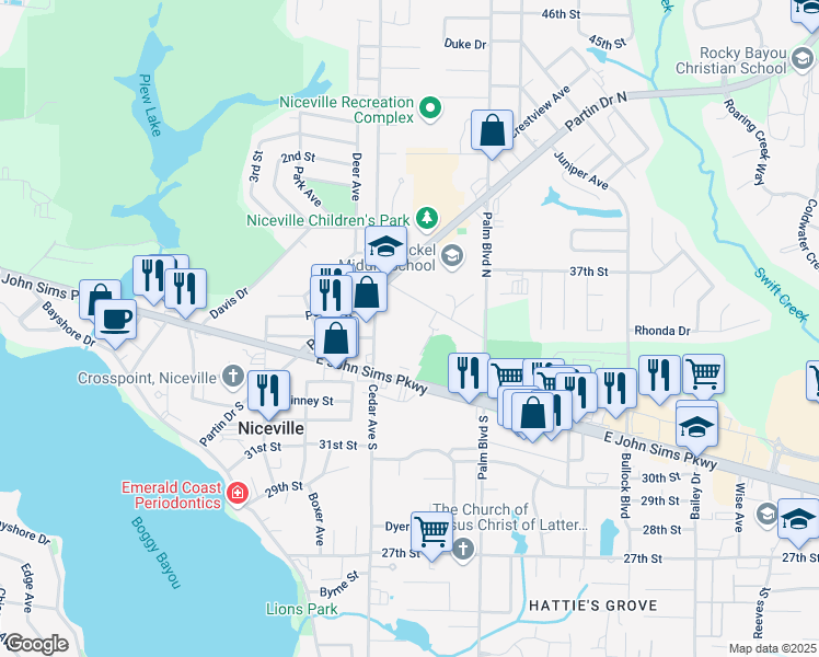 map of restaurants, bars, coffee shops, grocery stores, and more near 800 East John Sims Parkway in Niceville