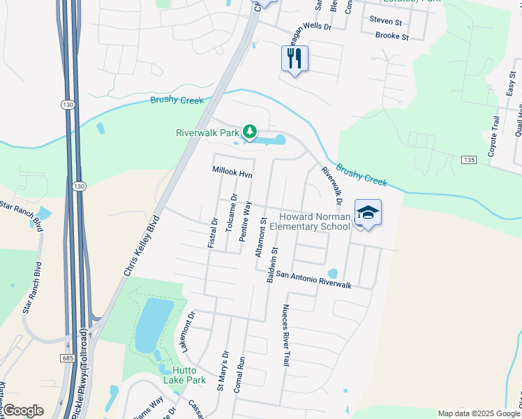 map of restaurants, bars, coffee shops, grocery stores, and more near 302 Altamont Street in Hutto