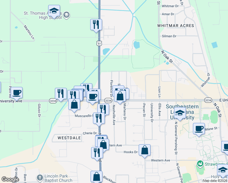 map of restaurants, bars, coffee shops, grocery stores, and more near 110 Sherry Drive in Hammond