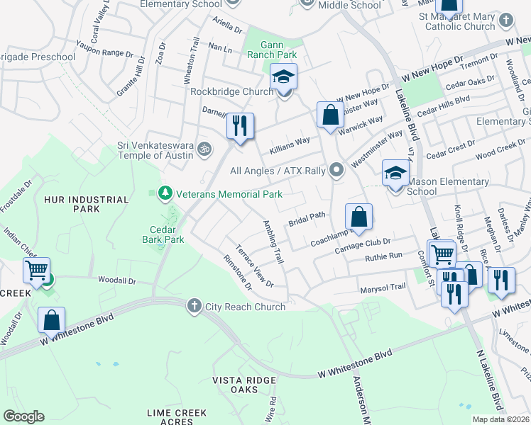 map of restaurants, bars, coffee shops, grocery stores, and more near 1608 Ambling Trail in Cedar Park