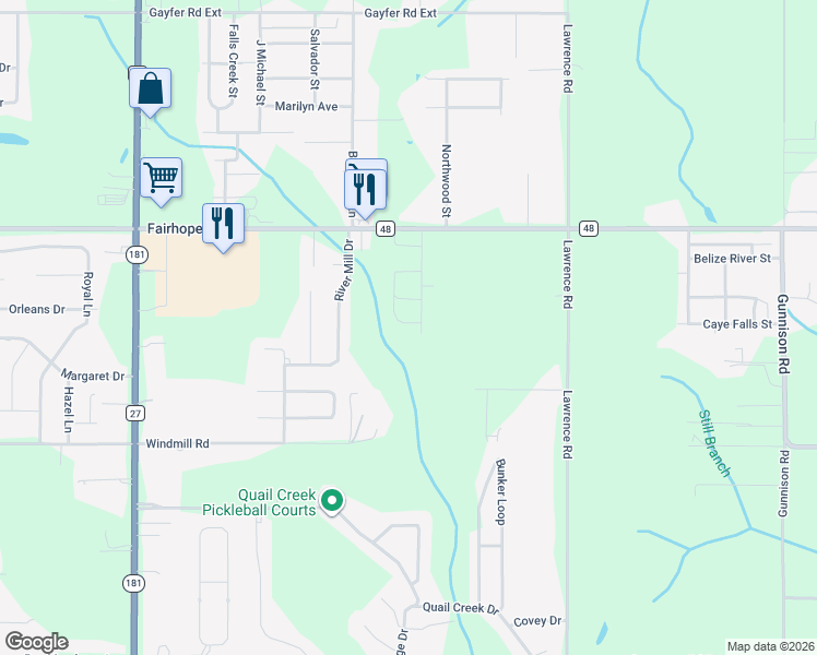 map of restaurants, bars, coffee shops, grocery stores, and more near 10499 Windmill Road in Fairhope