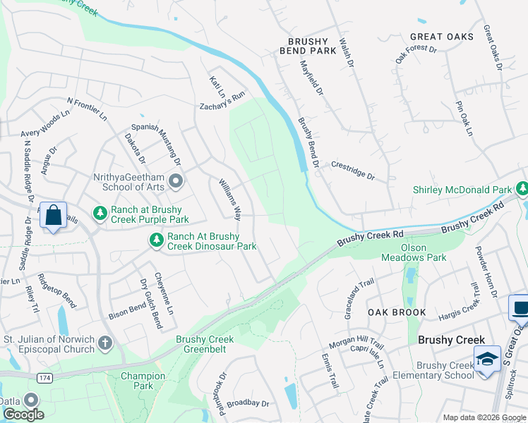 map of restaurants, bars, coffee shops, grocery stores, and more near 4509 Wicklow Mountain Trail in Cedar Park