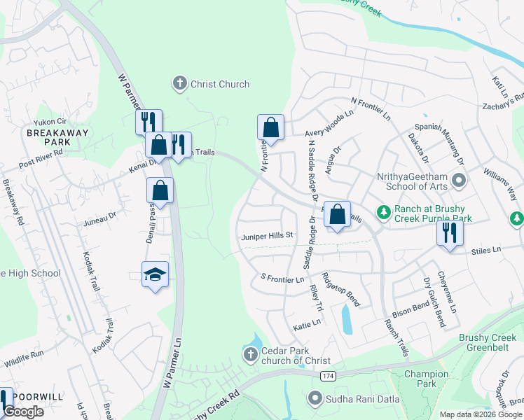 map of restaurants, bars, coffee shops, grocery stores, and more near 111 Arrowhead Trail in Cedar Park