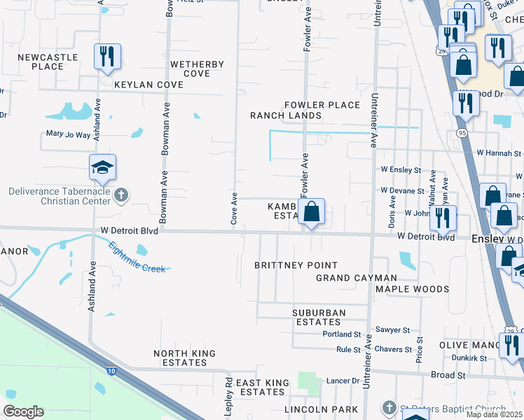map of restaurants, bars, coffee shops, grocery stores, and more near 1265 Barmel Street in Pensacola