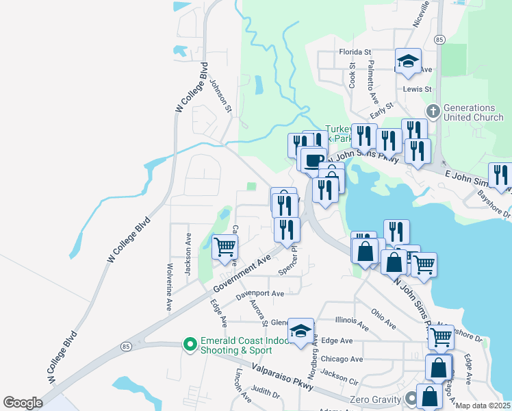 map of restaurants, bars, coffee shops, grocery stores, and more near 206 Marquette Avenue in Niceville