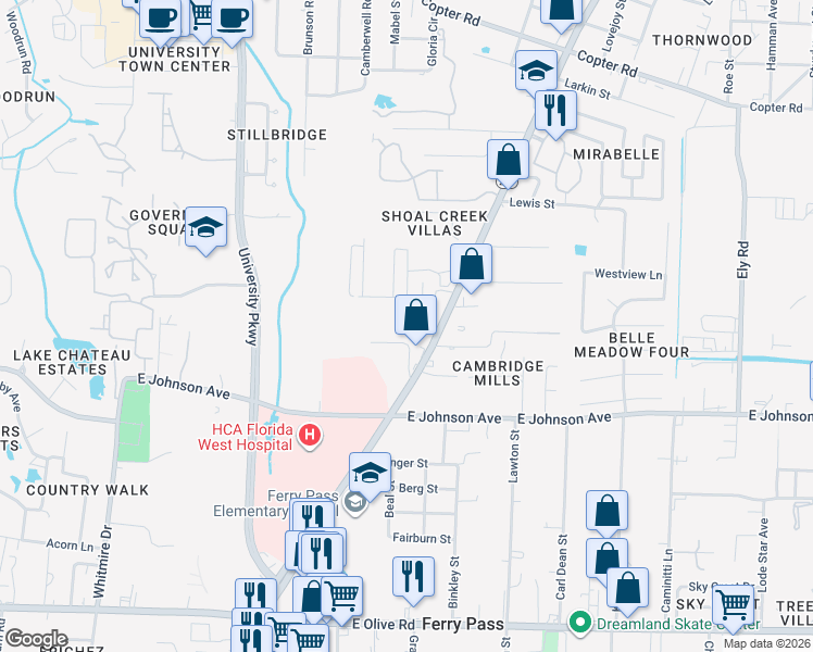 map of restaurants, bars, coffee shops, grocery stores, and more near 8601 North Davis Highway in Pensacola