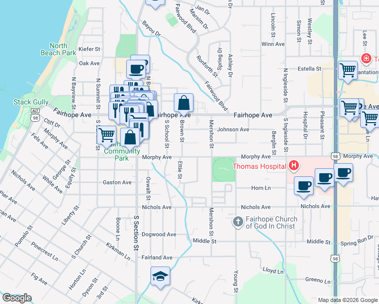 map of restaurants, bars, coffee shops, grocery stores, and more near 557 Morphy Avenue in Fairhope