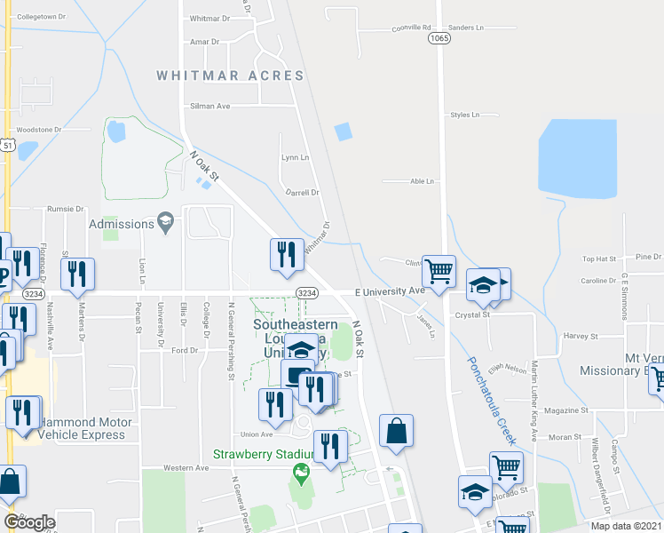 map of restaurants, bars, coffee shops, grocery stores, and more near 1906 North Oak Street in Hammond