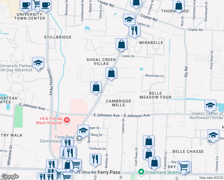 map of restaurants, bars, coffee shops, grocery stores, and more near 2310 Abbey Lane in Pensacola