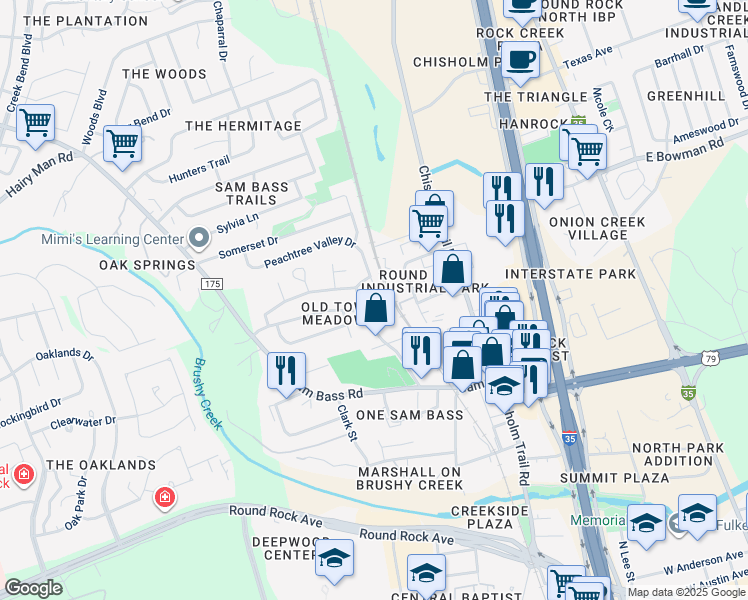 map of restaurants, bars, coffee shops, grocery stores, and more near 1404 Normeadows Circle in Round Rock