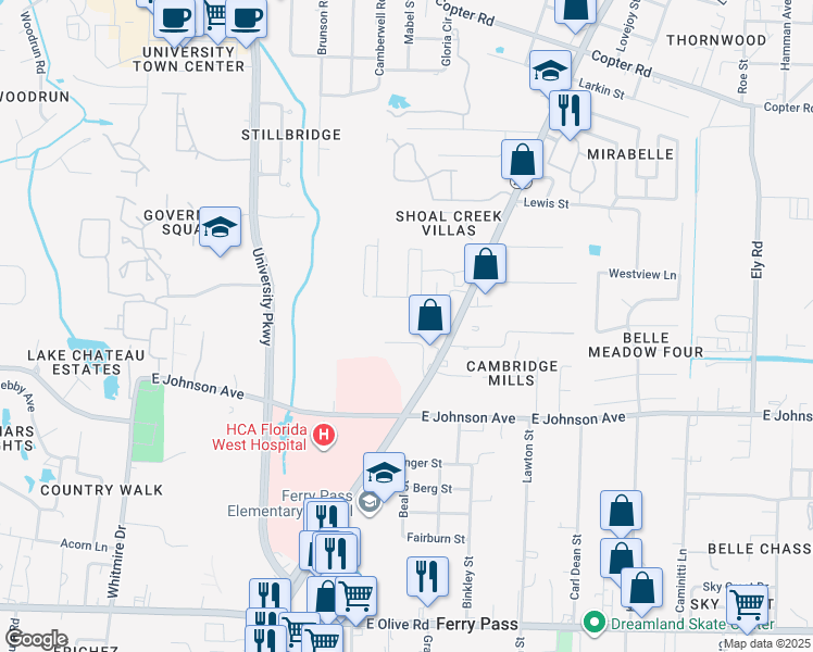 map of restaurants, bars, coffee shops, grocery stores, and more near 8601 North Davis Highway in Pensacola