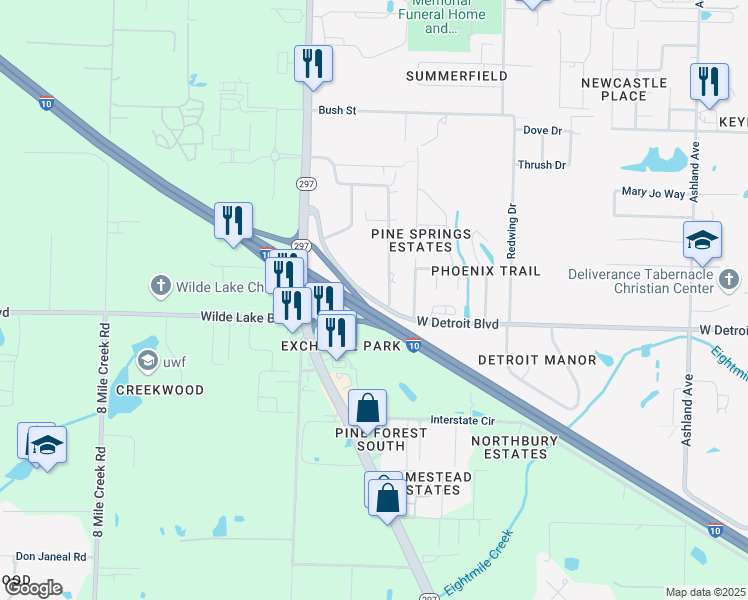 map of restaurants, bars, coffee shops, grocery stores, and more near 2294 West Detroit Boulevard in Pensacola