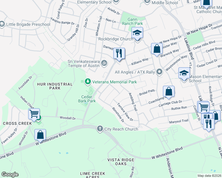 map of restaurants, bars, coffee shops, grocery stores, and more near 2401 Sweetwater Lane in Cedar Park