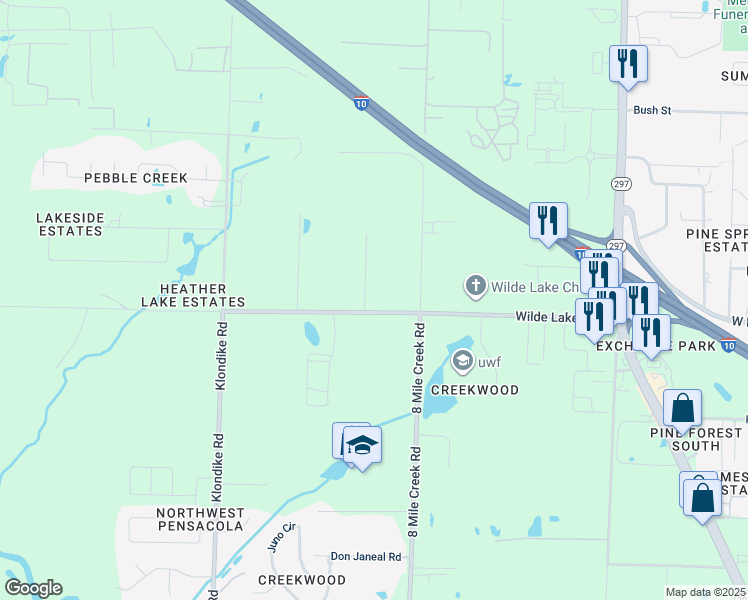 map of restaurants, bars, coffee shops, grocery stores, and more near 8500 Jade Acres Road in Pensacola