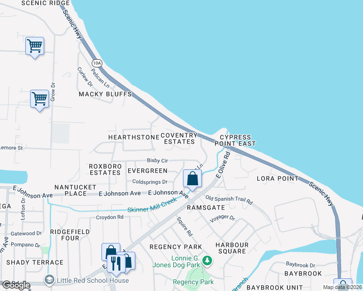 map of restaurants, bars, coffee shops, grocery stores, and more near 4450 Yarmouth Place in Pensacola