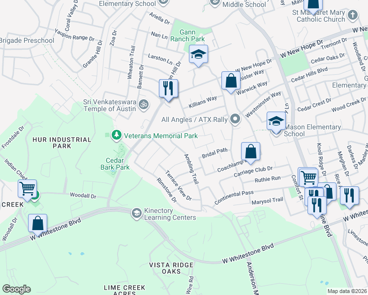 map of restaurants, bars, coffee shops, grocery stores, and more near 1608 Ambling Trail in Cedar Park