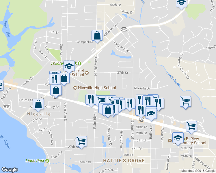 map of restaurants, bars, coffee shops, grocery stores, and more near 115 Friar Tuck Drive in Niceville