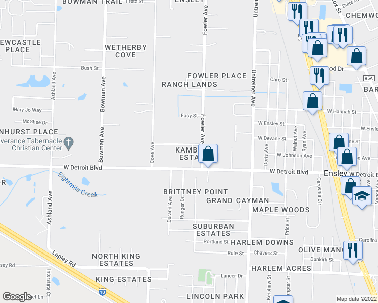 map of restaurants, bars, coffee shops, grocery stores, and more near 8443 Jarmen Street in Pensacola