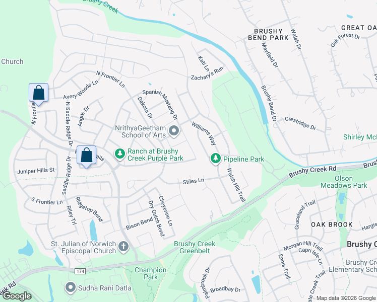 map of restaurants, bars, coffee shops, grocery stores, and more near 608 Spanish Mustang Drive in Cedar Park