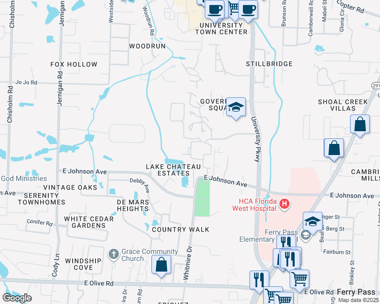 map of restaurants, bars, coffee shops, grocery stores, and more near 1600 Governor's Drive in Pensacola