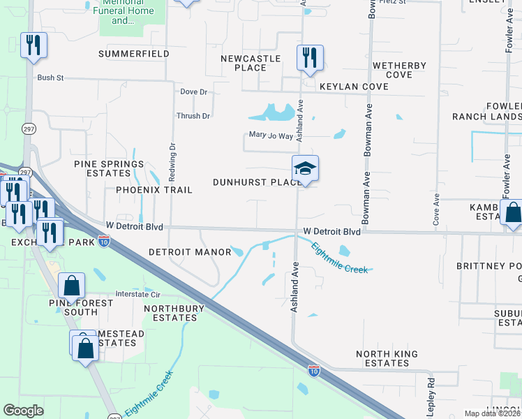 map of restaurants, bars, coffee shops, grocery stores, and more near 1900 West Detroit Boulevard in Pensacola