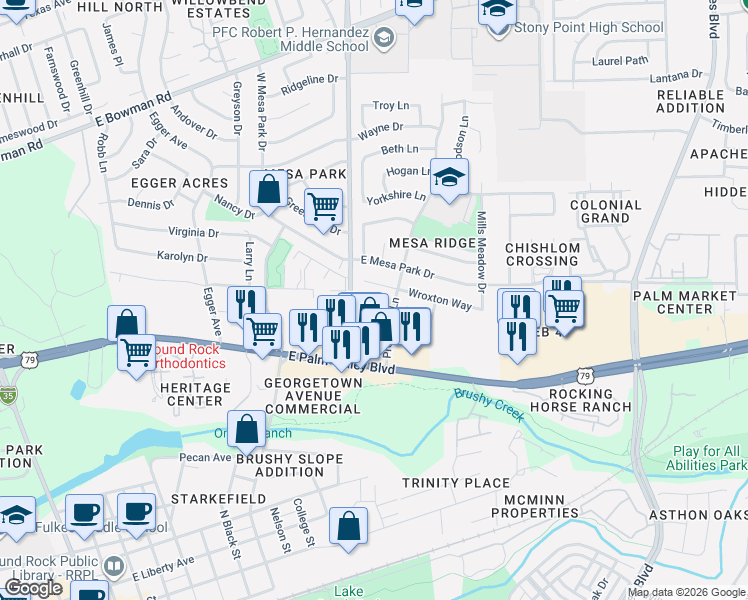 map of restaurants, bars, coffee shops, grocery stores, and more near 1208 Westcott Drive in Round Rock