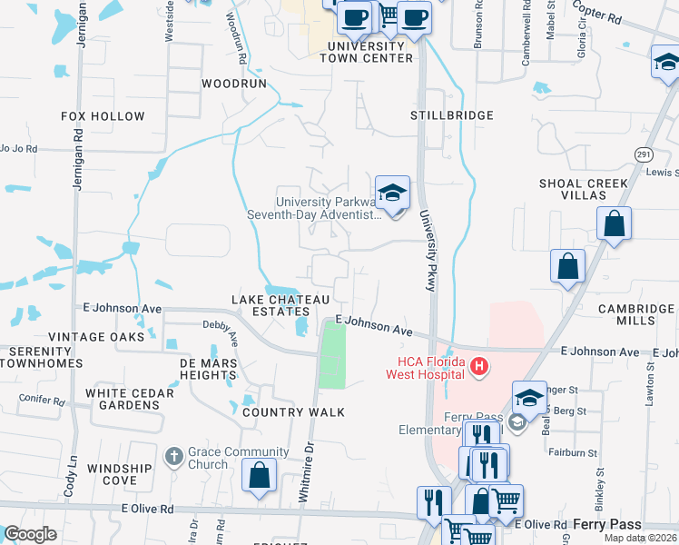 map of restaurants, bars, coffee shops, grocery stores, and more near 1600 Governor's Drive in Pensacola