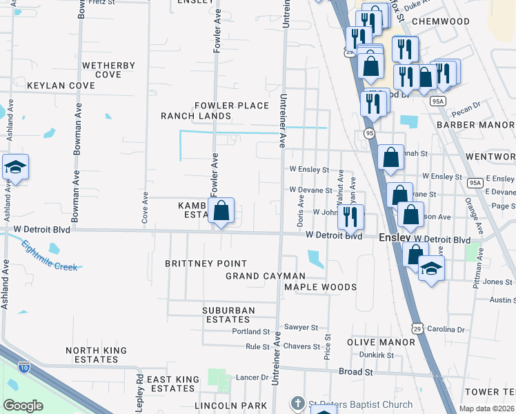 map of restaurants, bars, coffee shops, grocery stores, and more near 8453 James Taylor Lane in Pensacola